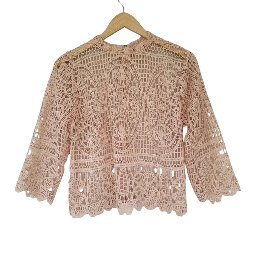 Mele E Pere Crochet Mesh Top Beige Women Size L Boho Sheer Festival Blouse